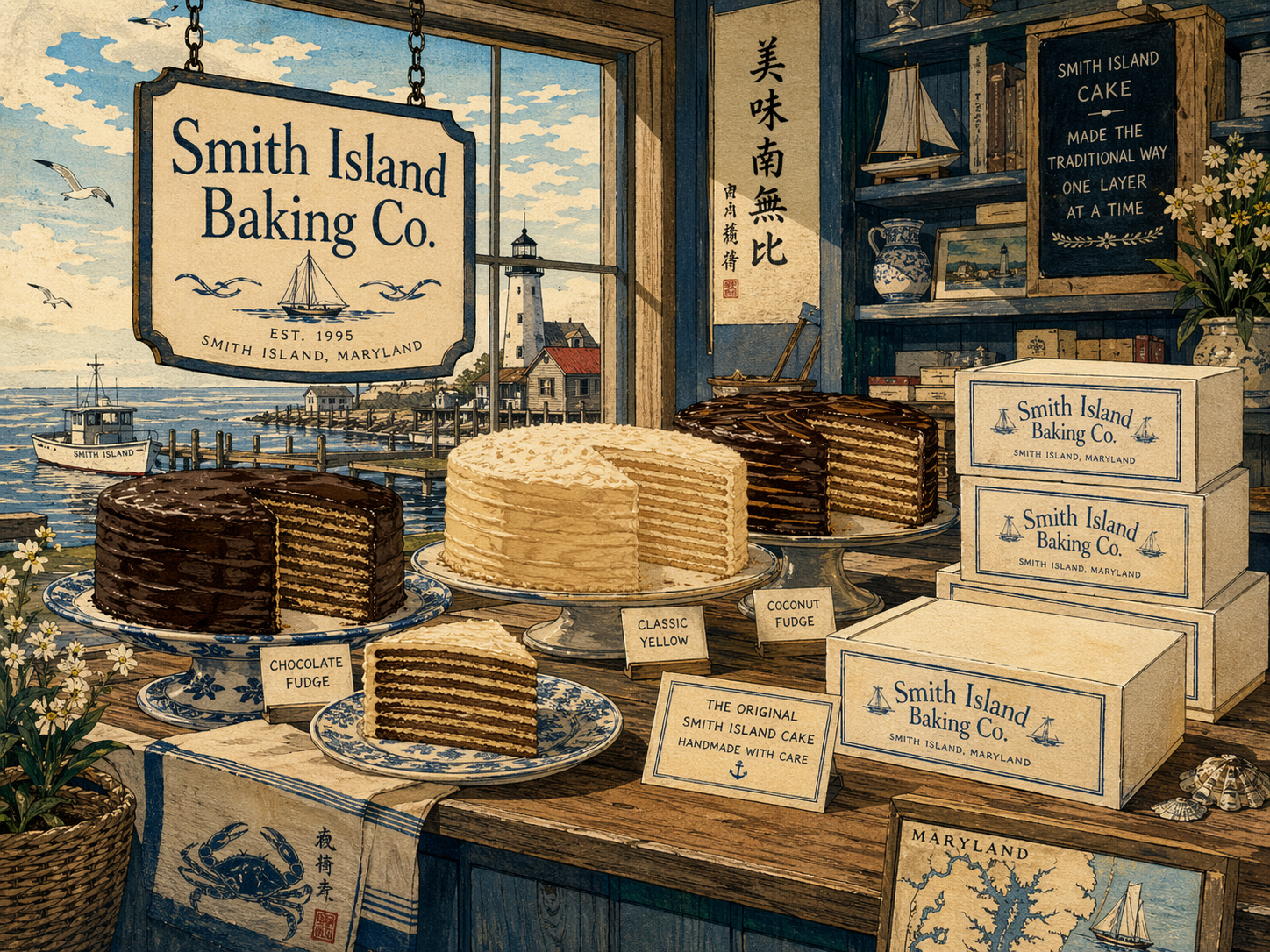 日本木版画風で描かれたスミスアイランドケーキのベーカリー