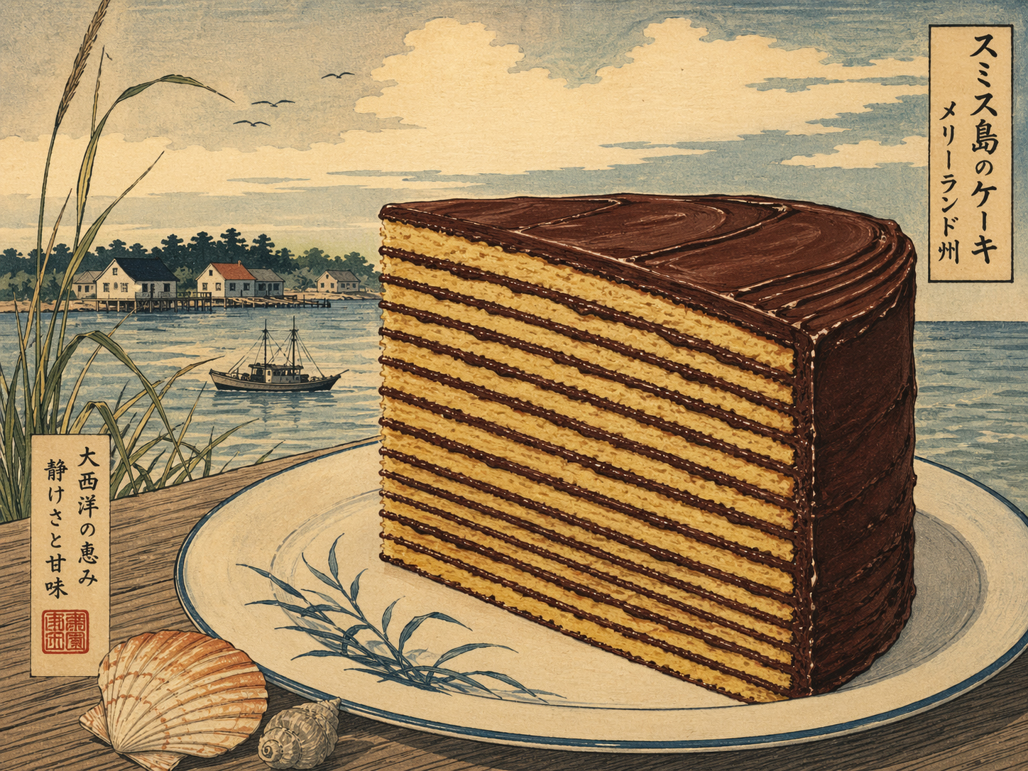 日本木版画風で描かれたスミスアイランドケーキ