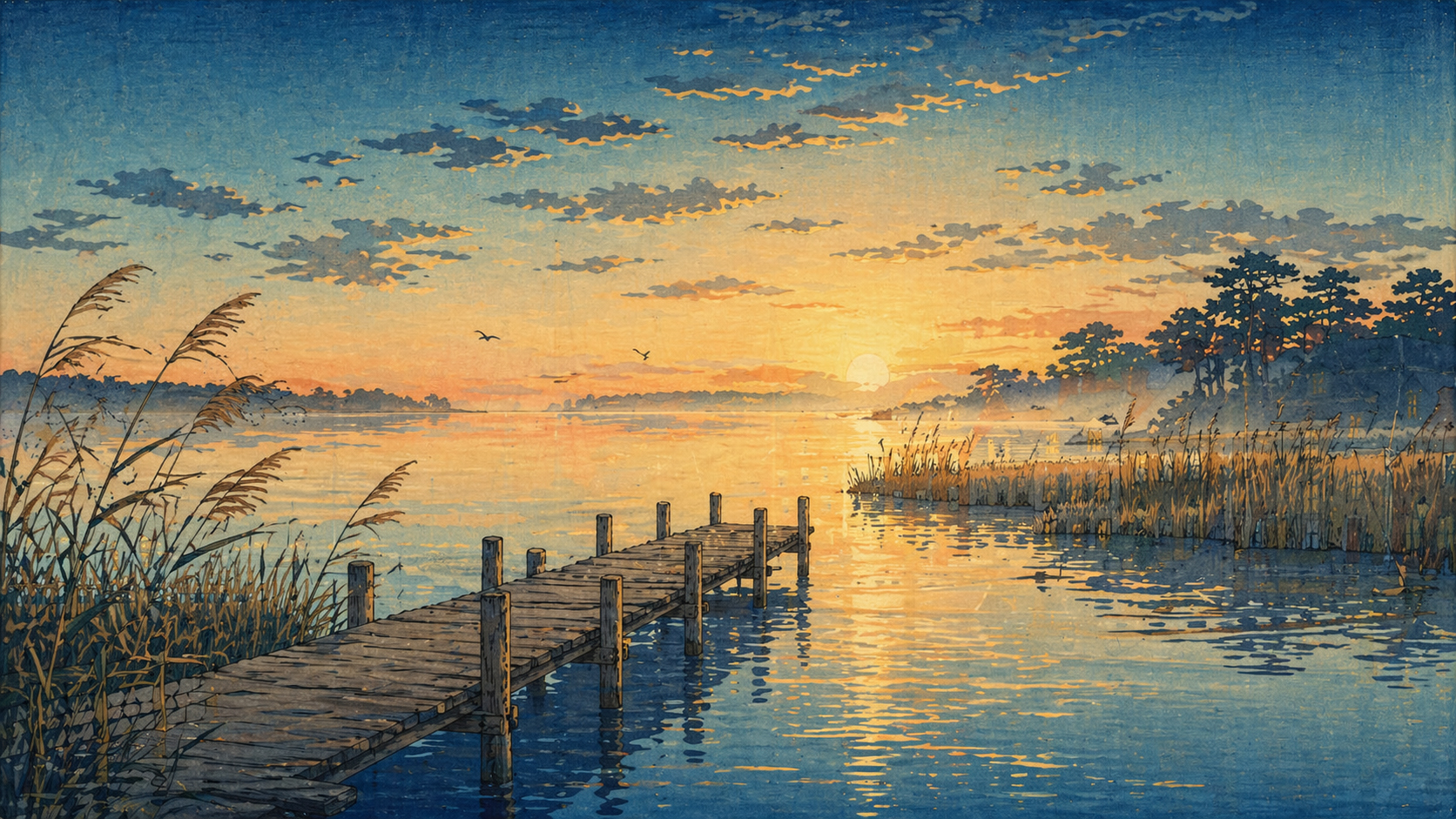 朝のチェサピーク、桟橋と湿地の光