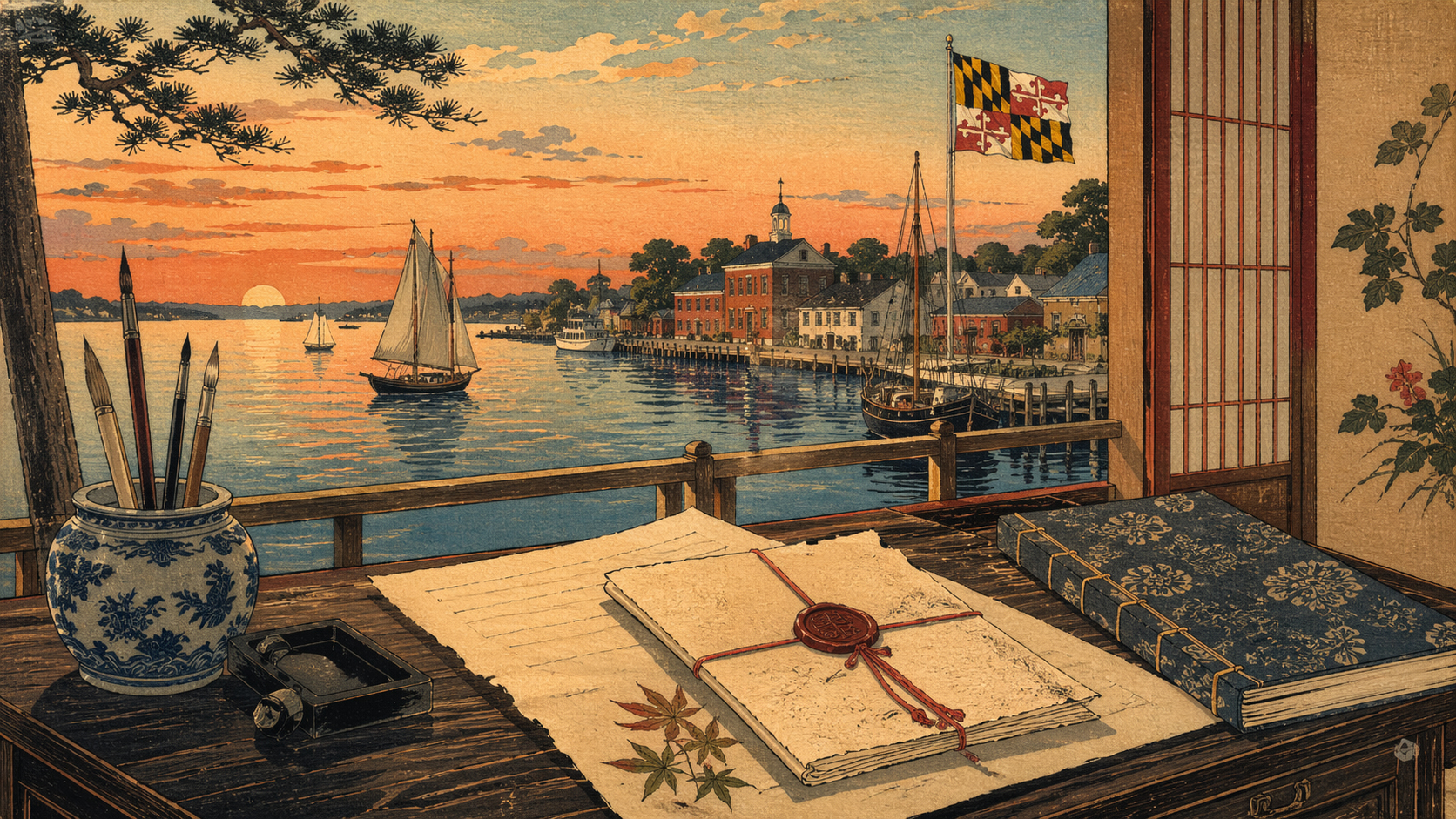 日本木版画風で描かれた文書と権利を象徴するビジュアル