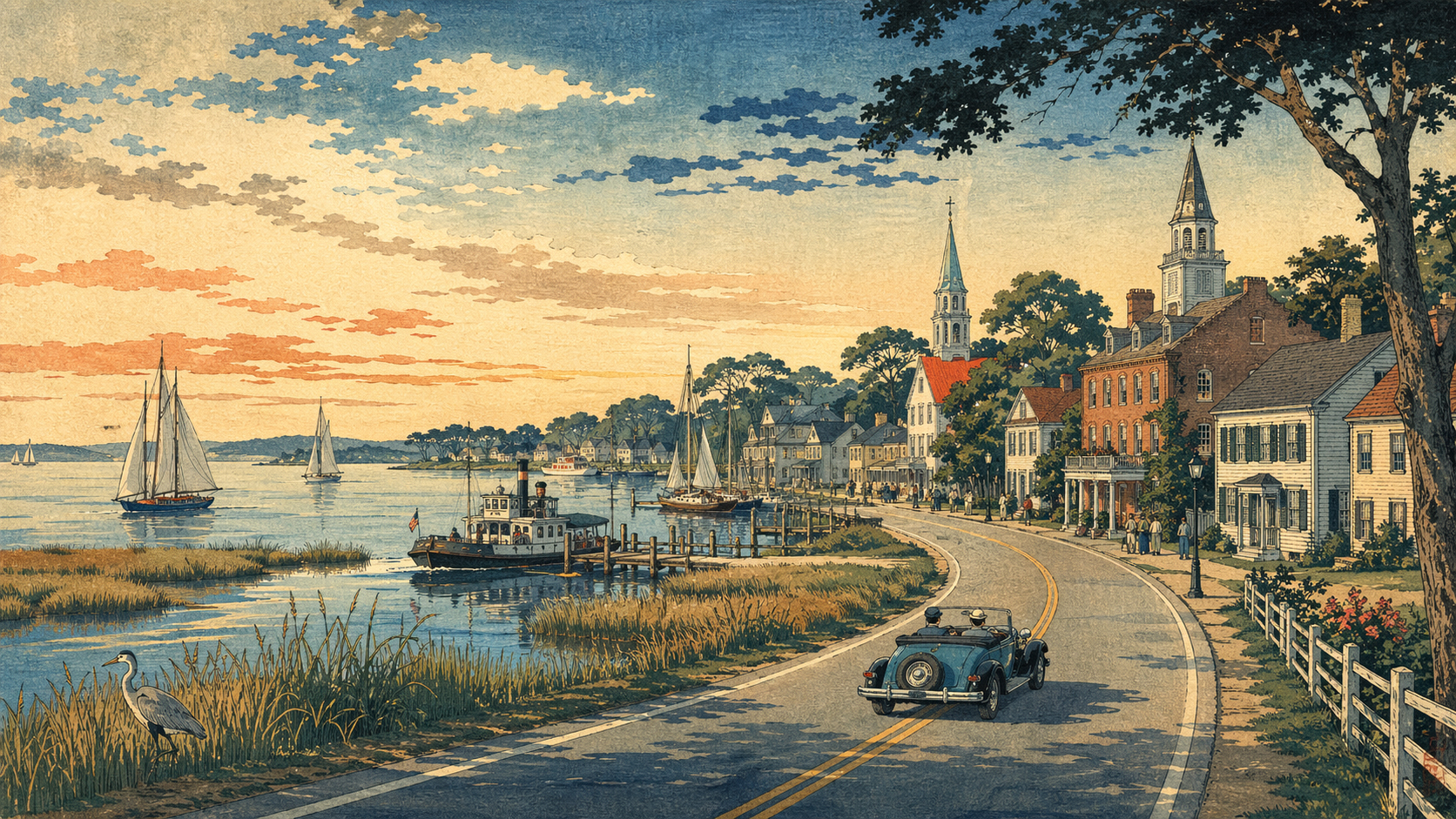 日本木版画風で描かれたイースタンショアの小さな町々