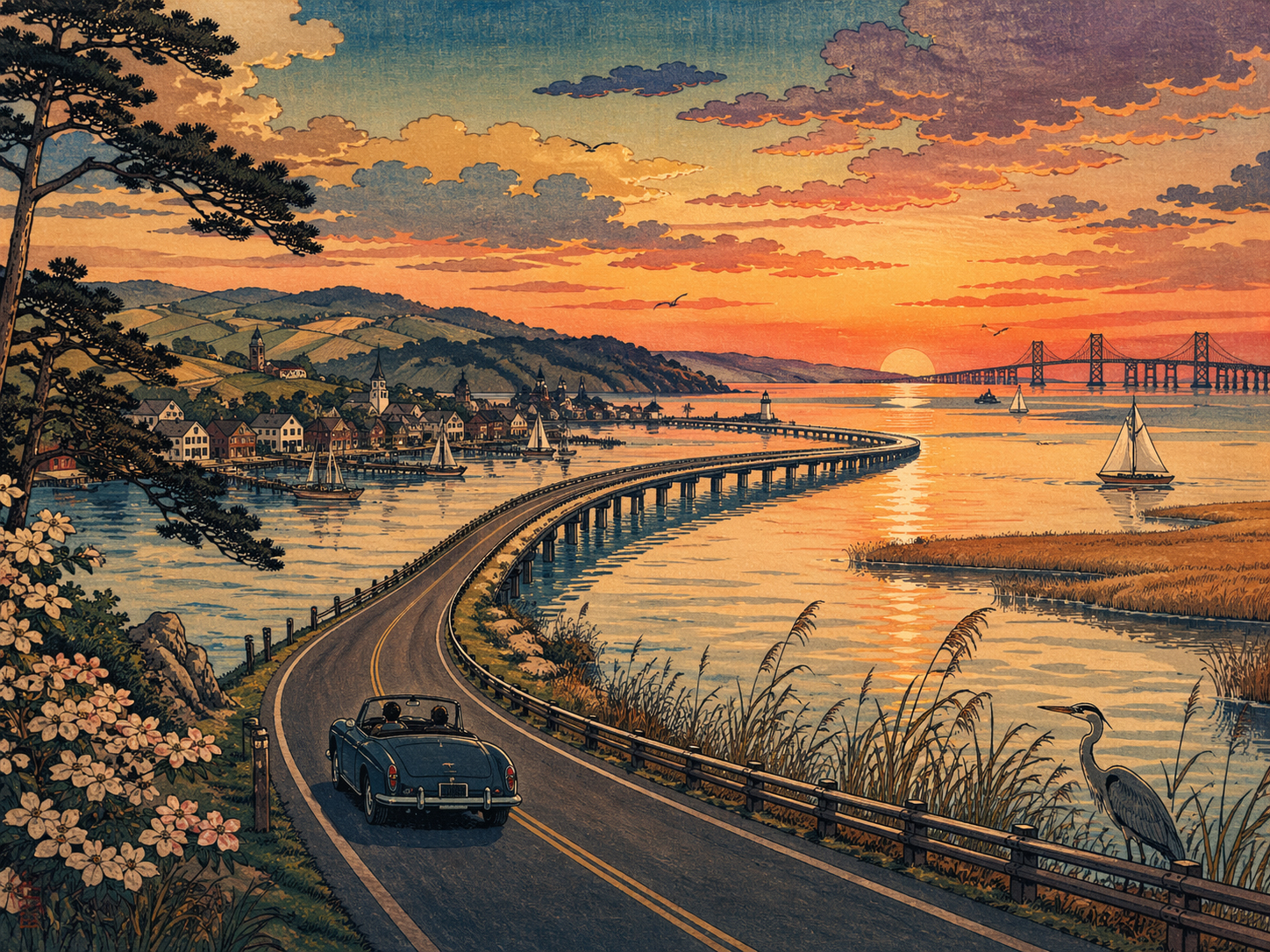 Maryland.co.jp の水辺と道を象徴する木版画風景