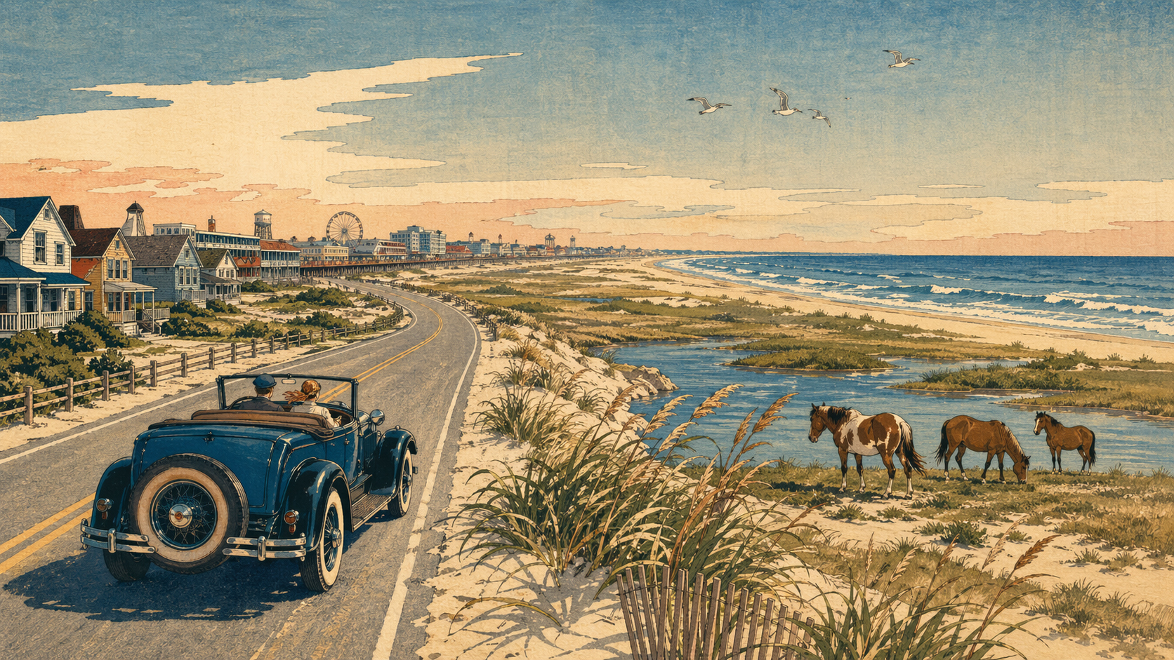 日本木版画風で描かれたオーシャンシティとアサティーグへの海辺の道