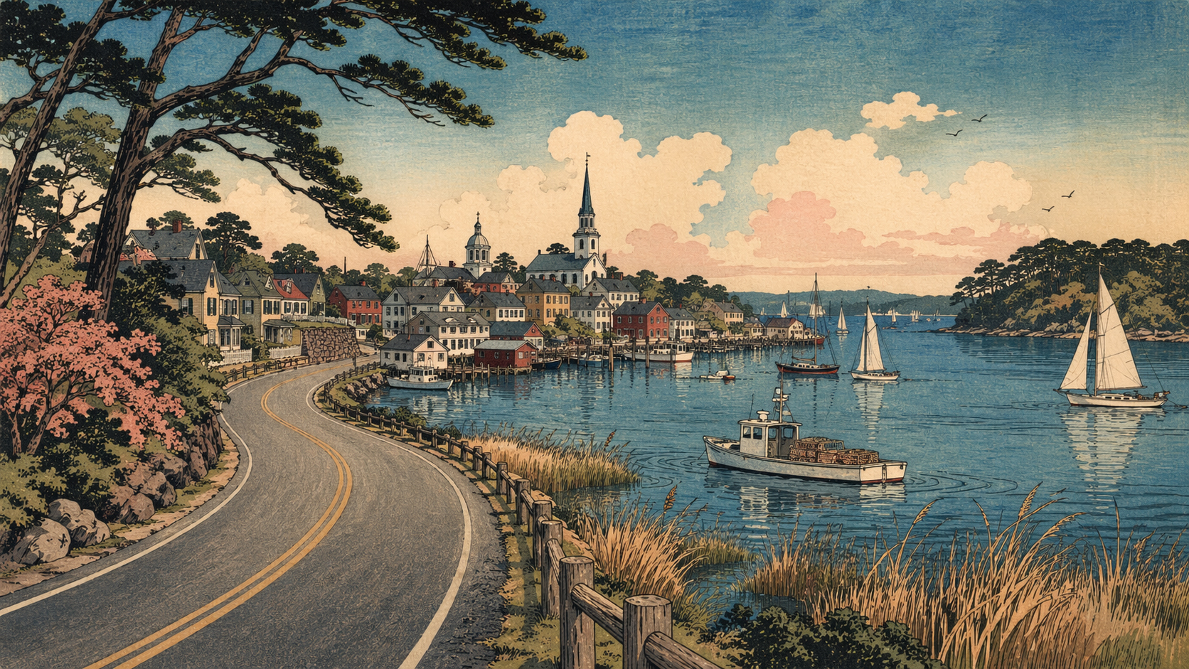 二車線の道、湾の町へ