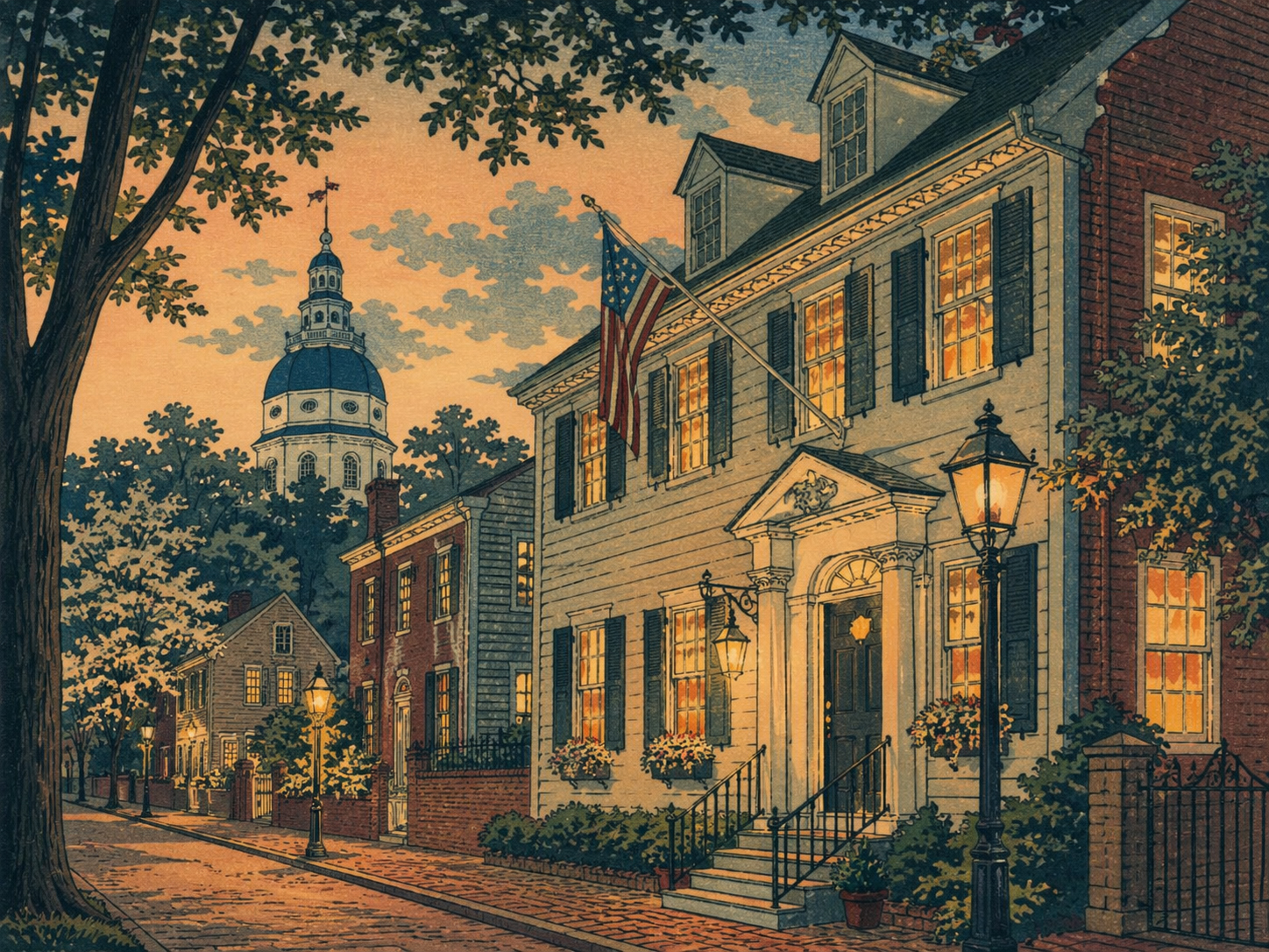 日本木版画風で描かれたアナポリスの歴史的イン