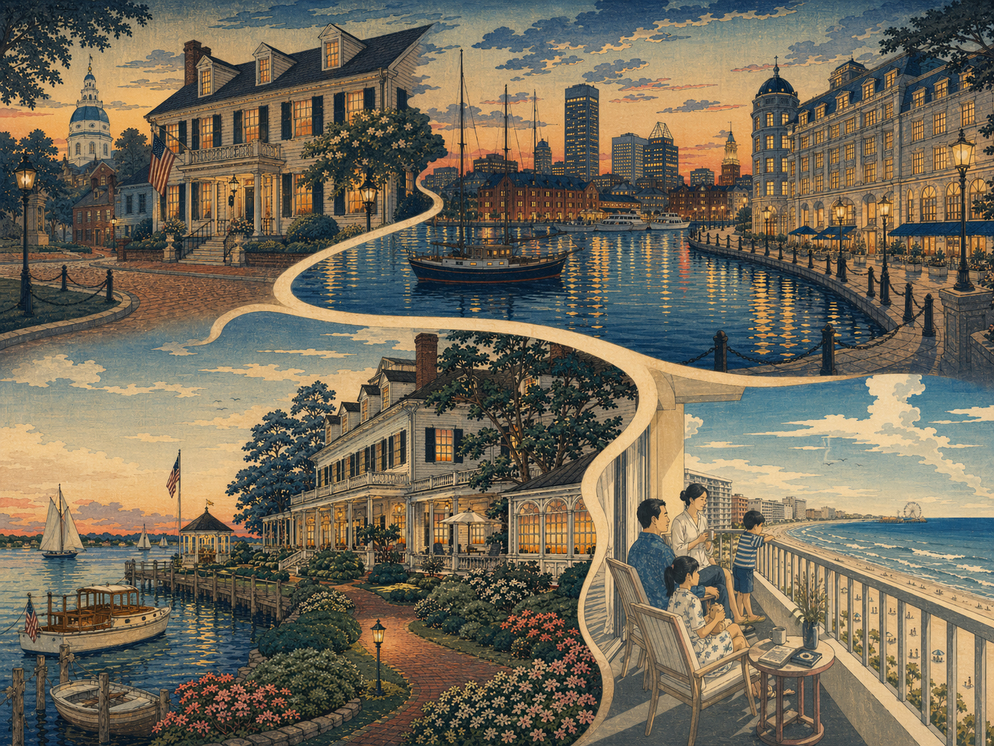 日本木版画風で描かれたメリーランド滞在のベストルート