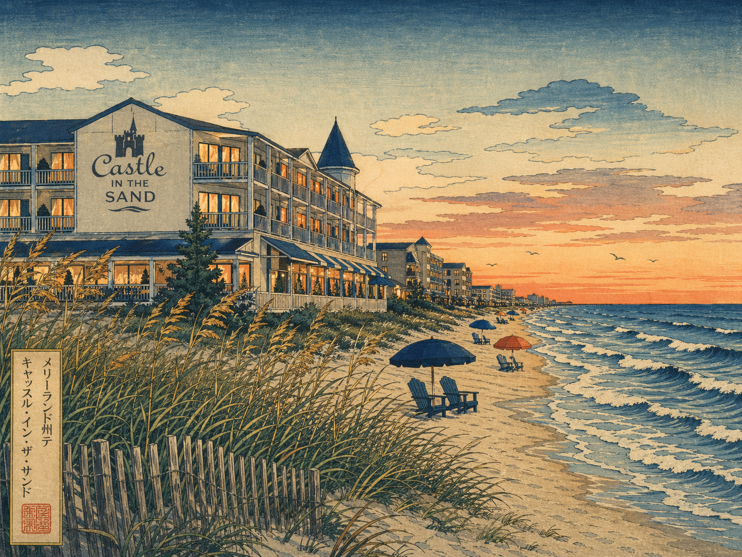 日本木版画風で描かれたキャッスルインザサンド