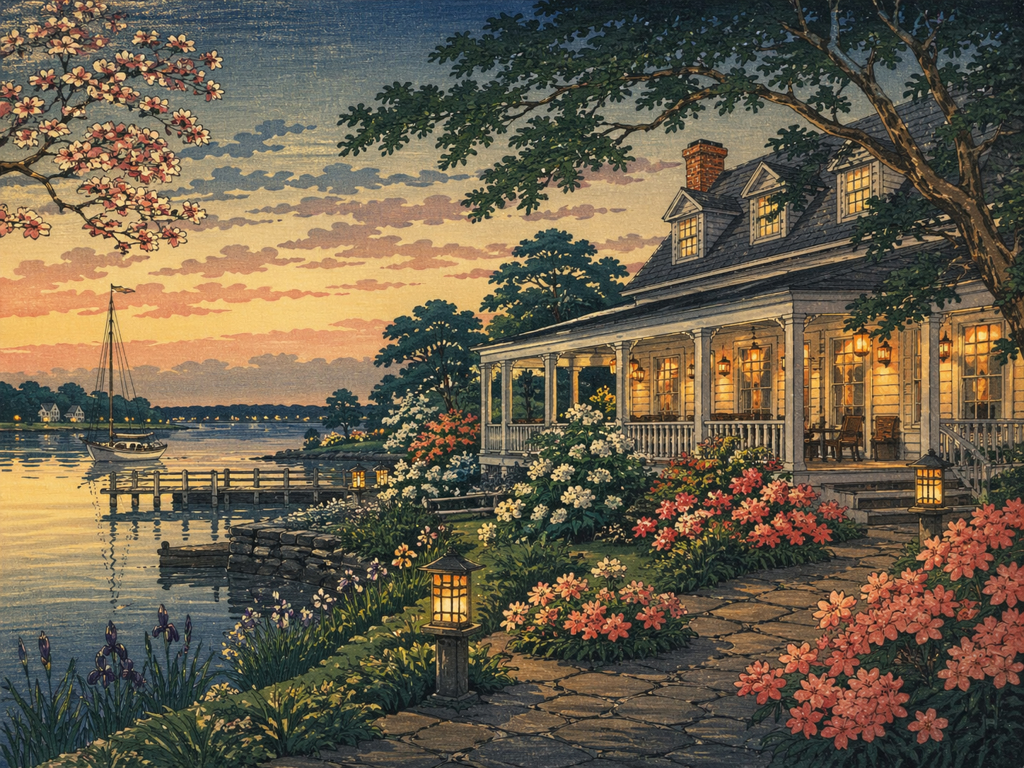 日本木版画風で描かれたイースタンショアの川辺の宿