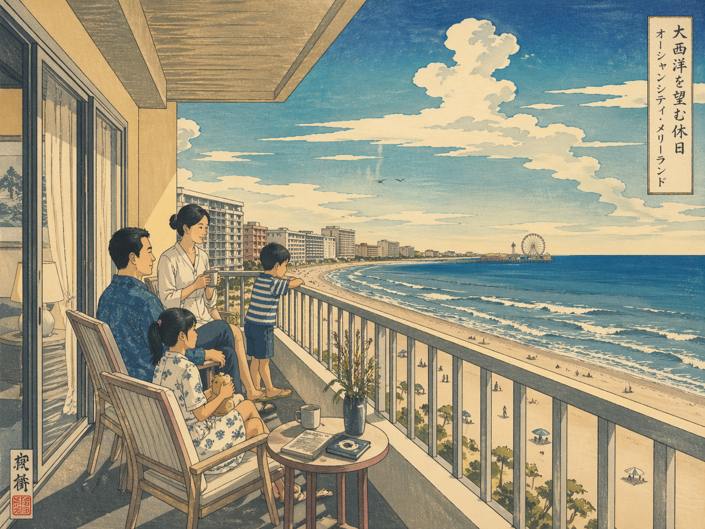 日本木版画風で描かれたオーシャンシティの海辺バルコニー