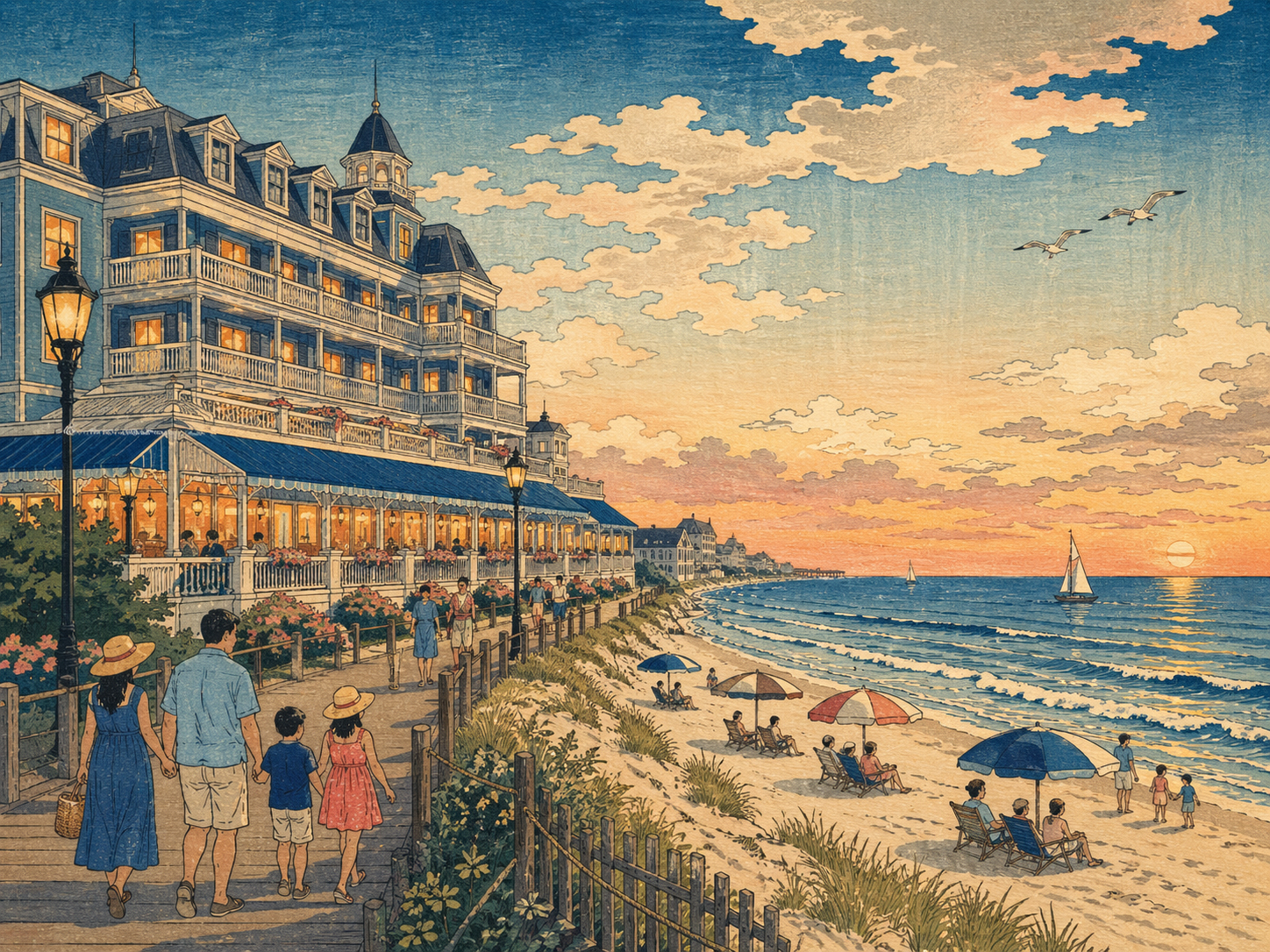日本木版画風で描かれたオーシャンシティの海辺ホテル